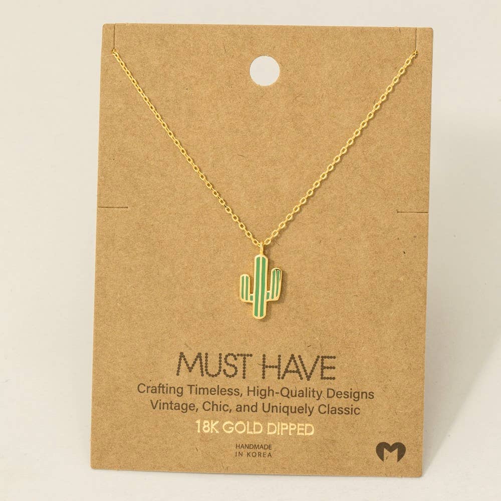 Fame Accessories - Wholesale Pendant/Charm Necklace - Gold Dipped Enamel Cactus Pendant Necklace1