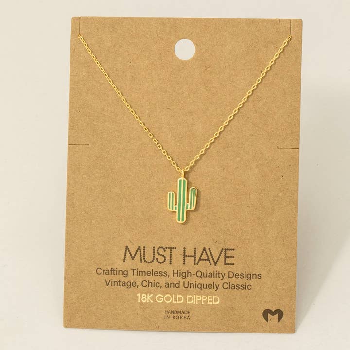 Fame Accessories - Wholesale Pendant/Charm Necklace - Gold Dipped Enamel Cactus Pendant Necklace1