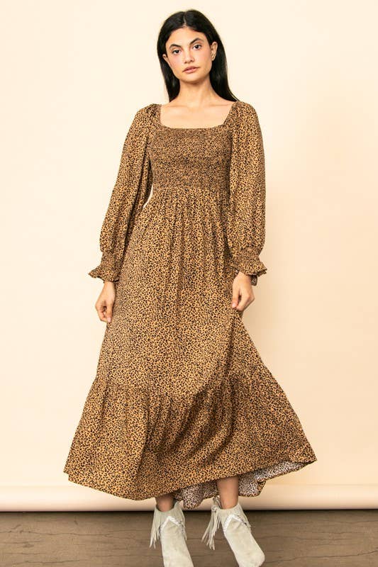 Elloh Collection - Wholesale Dress - Women's - Flowy Leopard Print Square Neck Smocked Maxi Dress w Pockets2