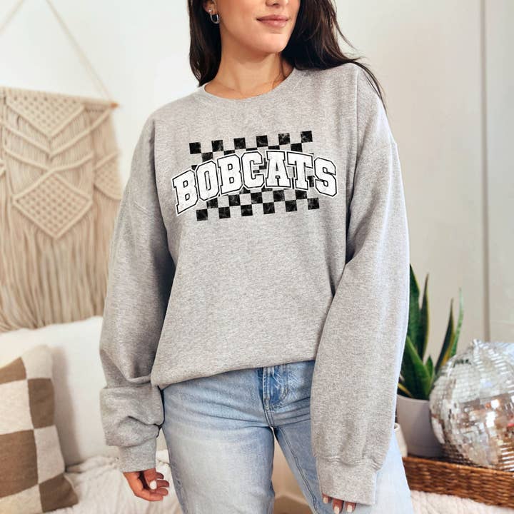 Bobcats Checkered Background Sweatshirt for wholesale by Pecan Creek Designs