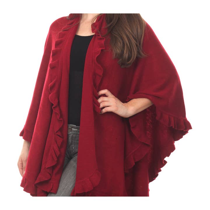 Fennco Styles – wholesale Poncho – Women's – Ruffle Trim Knit Open Front Cozy Warm Women Poncho Cape4