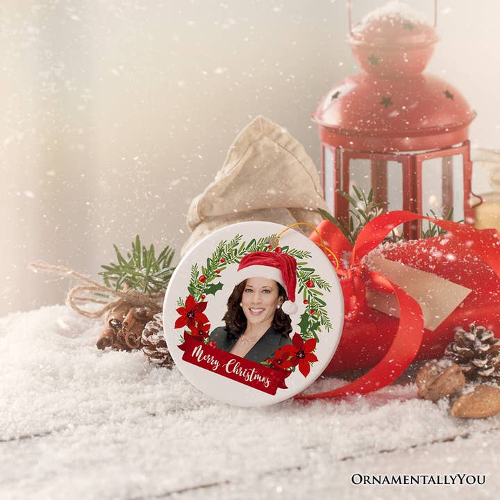 OrnamentallyYou - Wholesale Ornament - Kamala Harris Merry Christmas in Christmas Wreath Ornament3