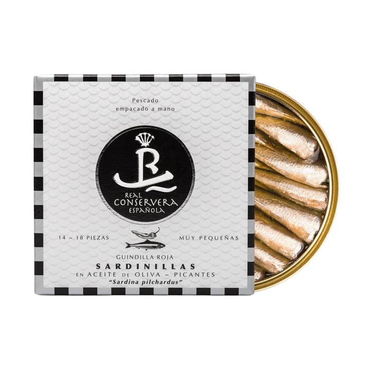 Real Conservera, Small Sardines in Spicy Olive Oil 10/14. for wholesale by Spanish Colmado by Ibericos USA