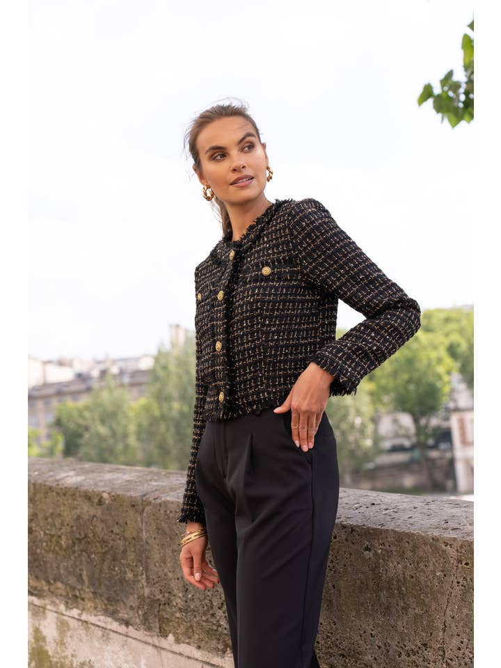 Attentif Paris - Wholesale Blazer – Women's - Cropped crew neck fitted tweed blazer jacket3