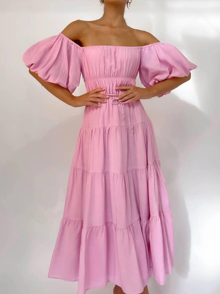 D2023ES0006- Maxi-jurk met pofmouwen en off-the-shoulder voor wholesale door ESLEY