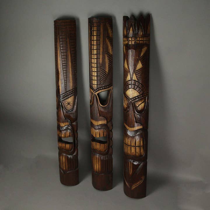 Zeckos - Wholesale Sculpture - Set of 3 Natural Wood Hawaiian Tiki God Masks 100cm/39in1