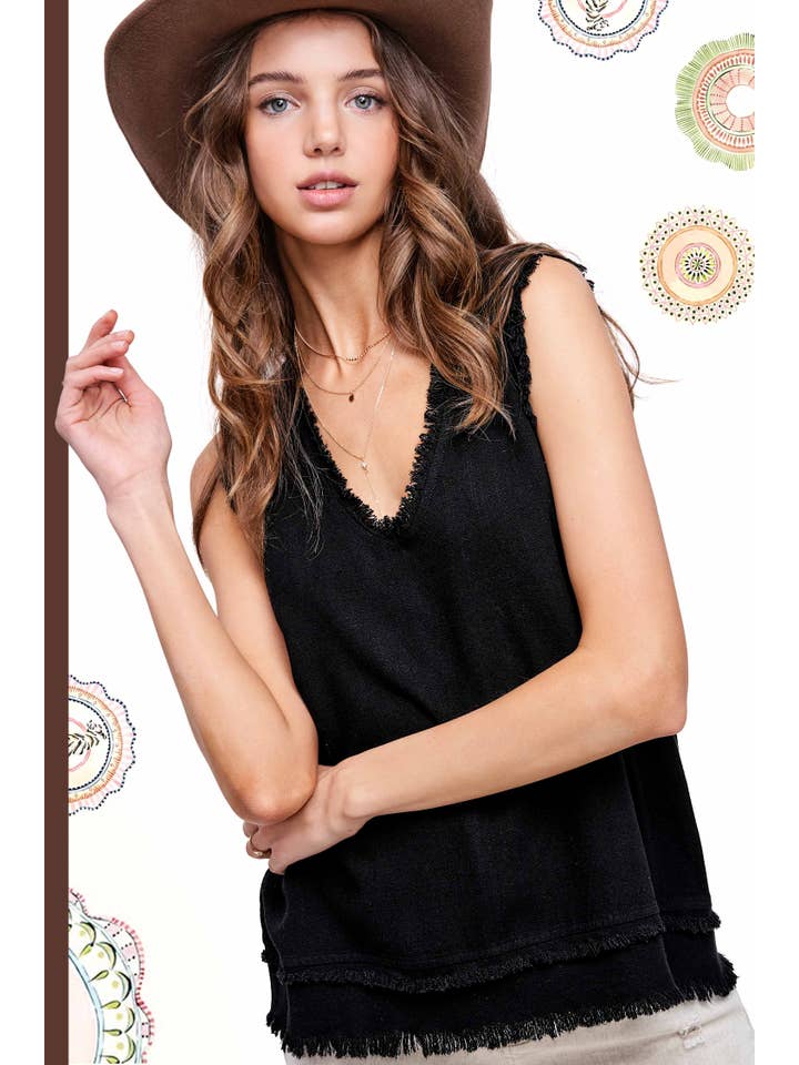 La Miel - Wholesale Tank Top - Women's - HBT7635-Soft Washed Gauze Cut Edge Sleeveless V-neck Top