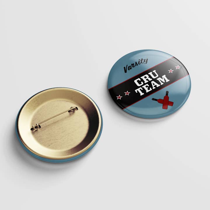 Varsity Cru Team Pin Back Button for wholesale by Questionable Designs