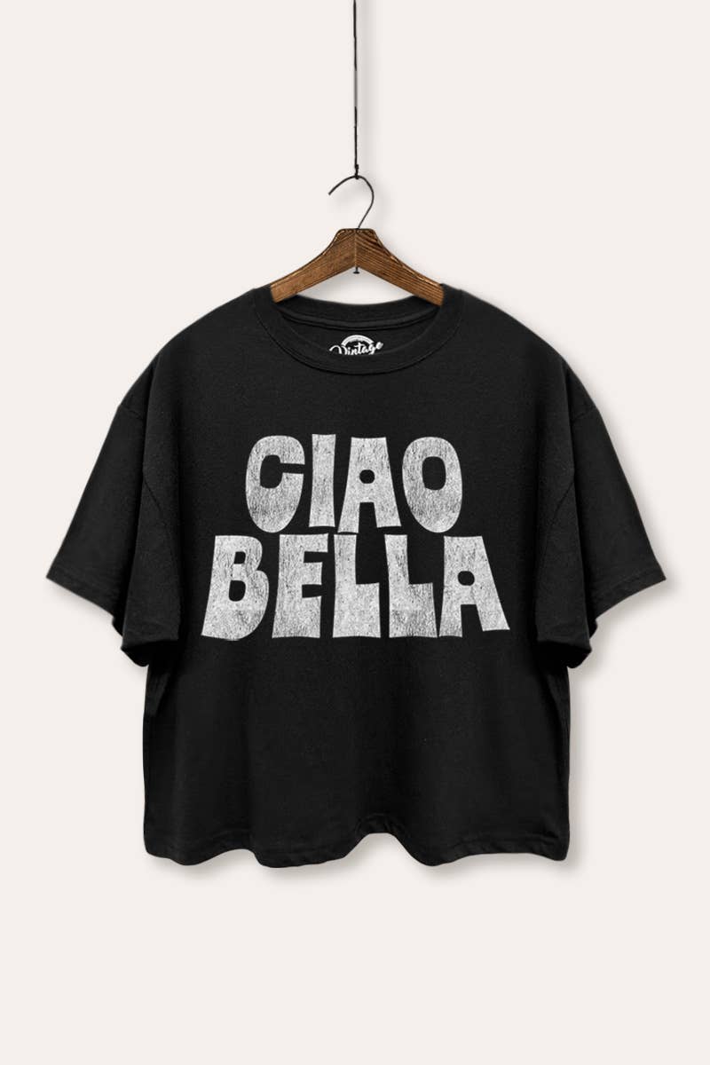 VINTAGE POINT USA - Wholesale Screen Printed T-Shirt - Women's - "CIAO BELLA" TYPOGRAPHY GRAPHIC BOXY CROP TOP0