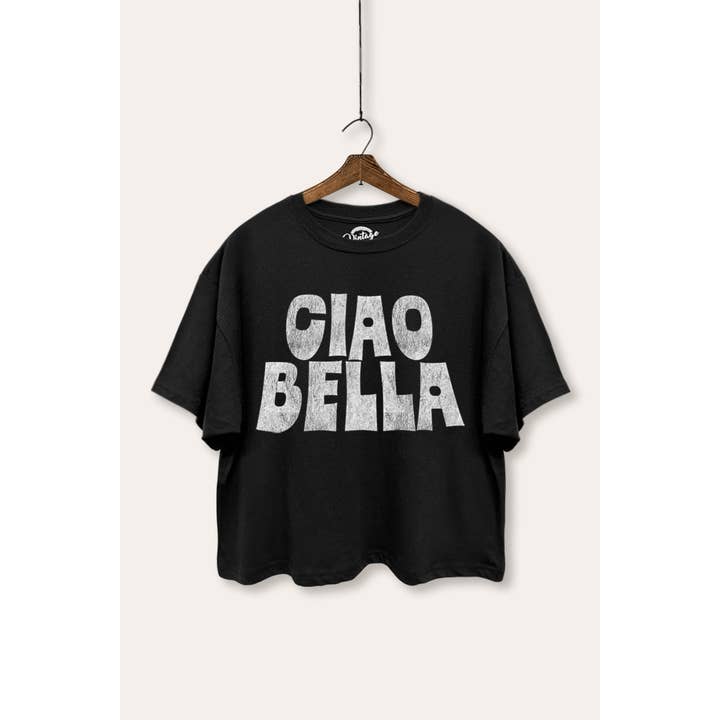 "CIAO BELLA" TYPOGRAPHY GRAPHIC BOXY CROP TOP for wholesale by VINTAGE POINT USA