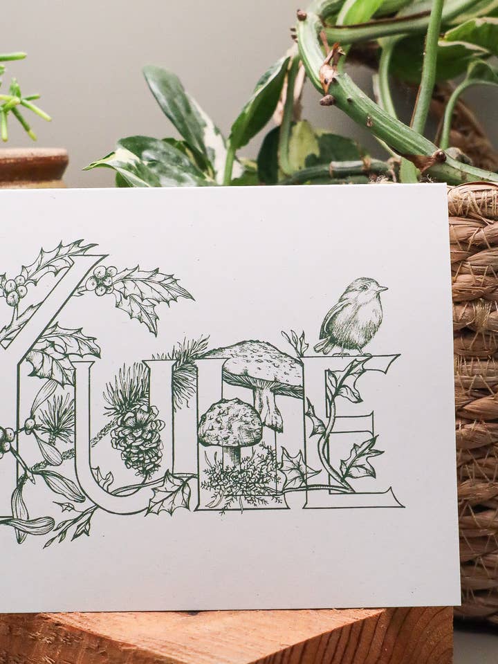 Yule Christmas Botanical Drawing Greeting Card for wholesale by Jya Raine