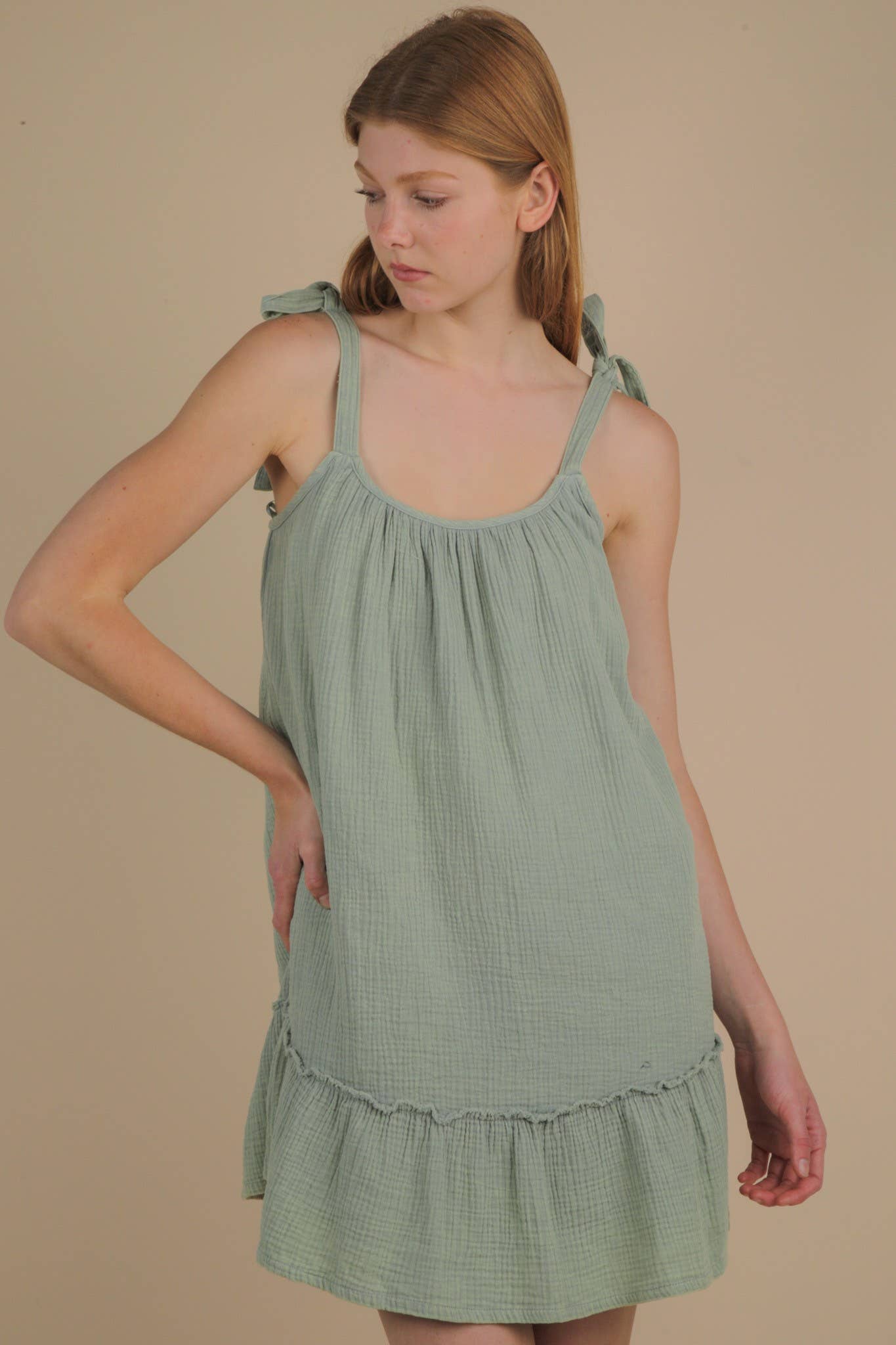 VERY J - Wholesale Dress - Women's - ND31743-Mineral Washed Shoulder Tie Mini Dress6