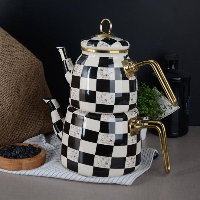 FairTurk - Wholesale Tea Pot - Check Design Enamel Double Turkish Tea Pot Kettle