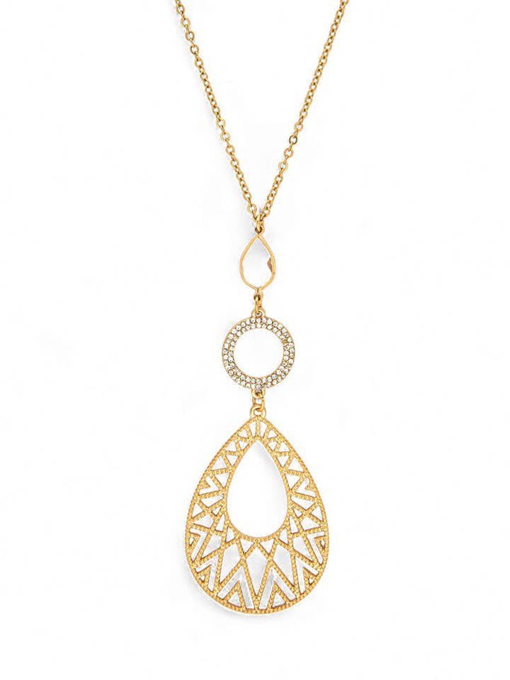 Filigree Teardrop Crystal Accent Pendant Long Necklace for wholesale by Artini Accessories