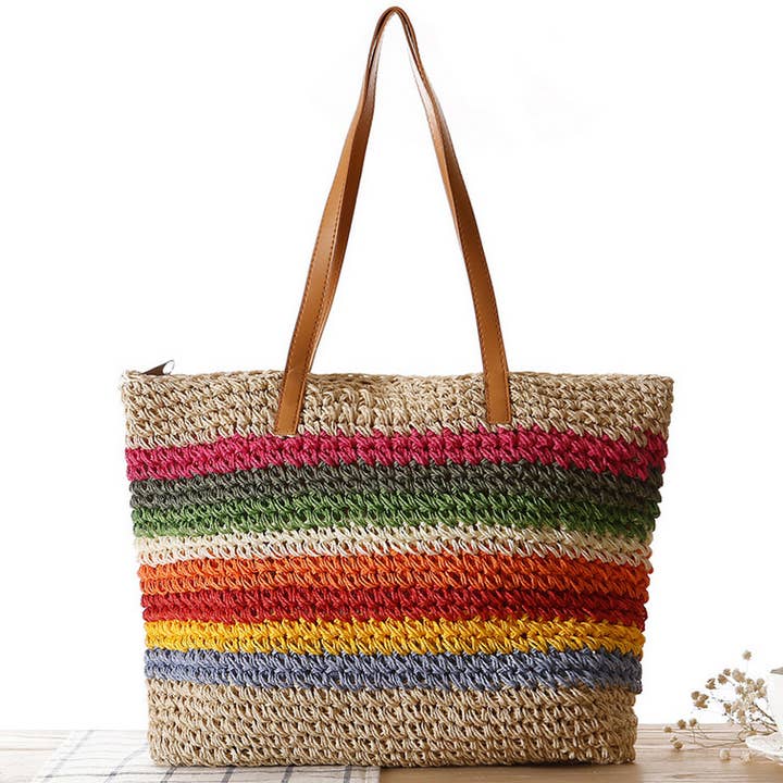 ACCITY - Wholesale Beach Bag - FOREST RAINBOW STRIPED STRAW SHOULDER BAG_CWAB201311