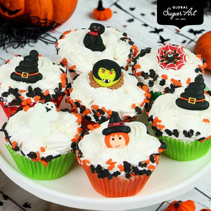Global Sugar Art – wholesale Cake/cupcake topper – Halloween Cupcake Toppers, Edible Royal Icing Decorations by Global Sugar Art (Witch & Cat)1