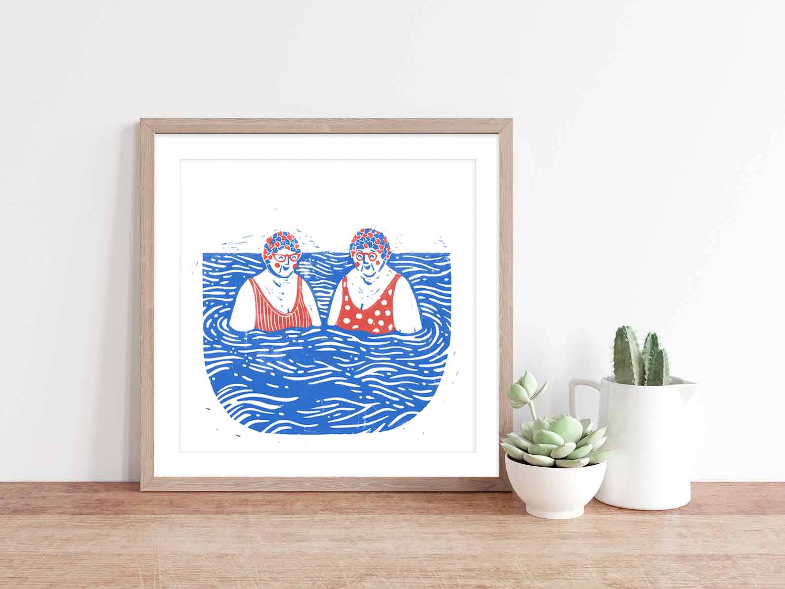 Natasha Robinson – wholesale Art print – Swimming Ladies Friendship Art Print Square Cornwall Sea1