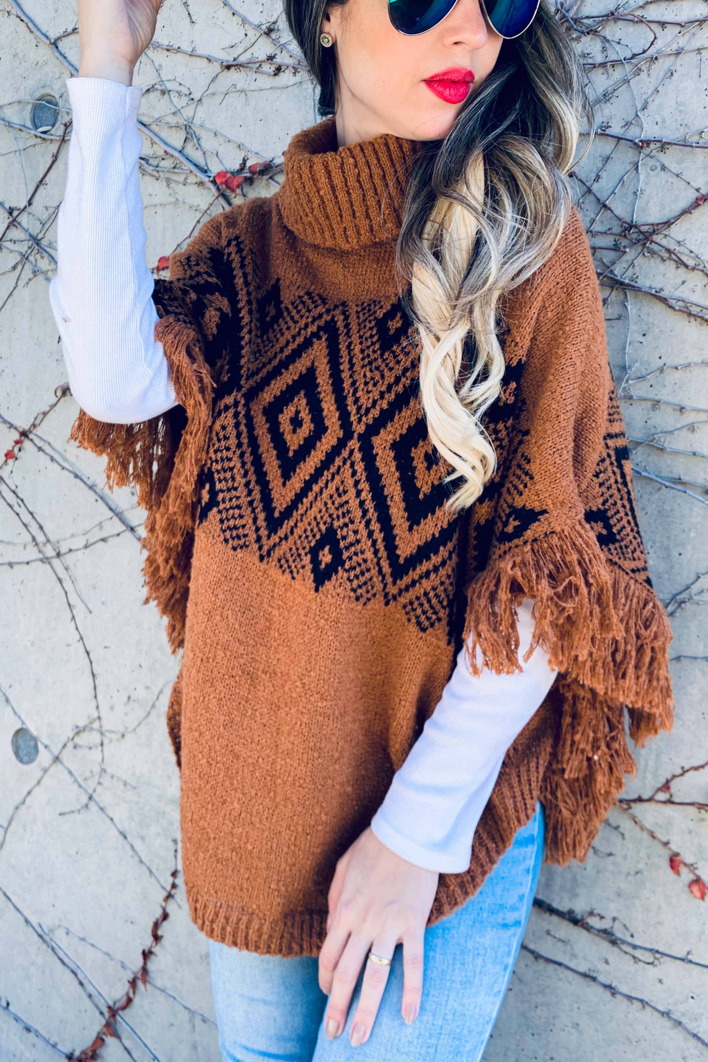 AMOLI - Wholesale Knit Sweater - Women's - Aztec Printed Turtleneck Fringe Light Weight Soft Poncho8