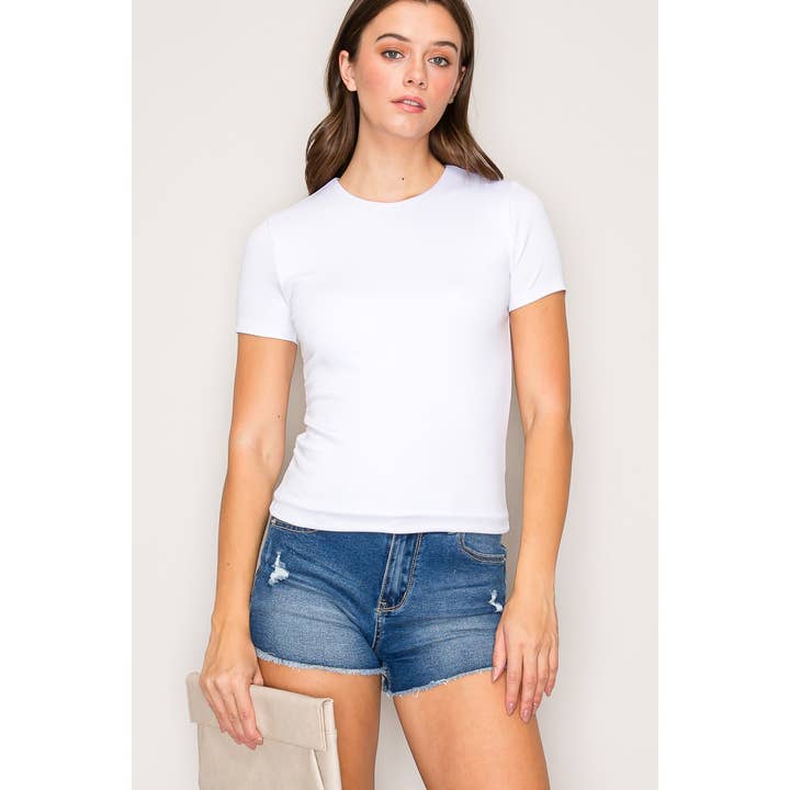 Crew Neck Double Layered Short Sleeve Ribbed Top for wholesale by Popular 21