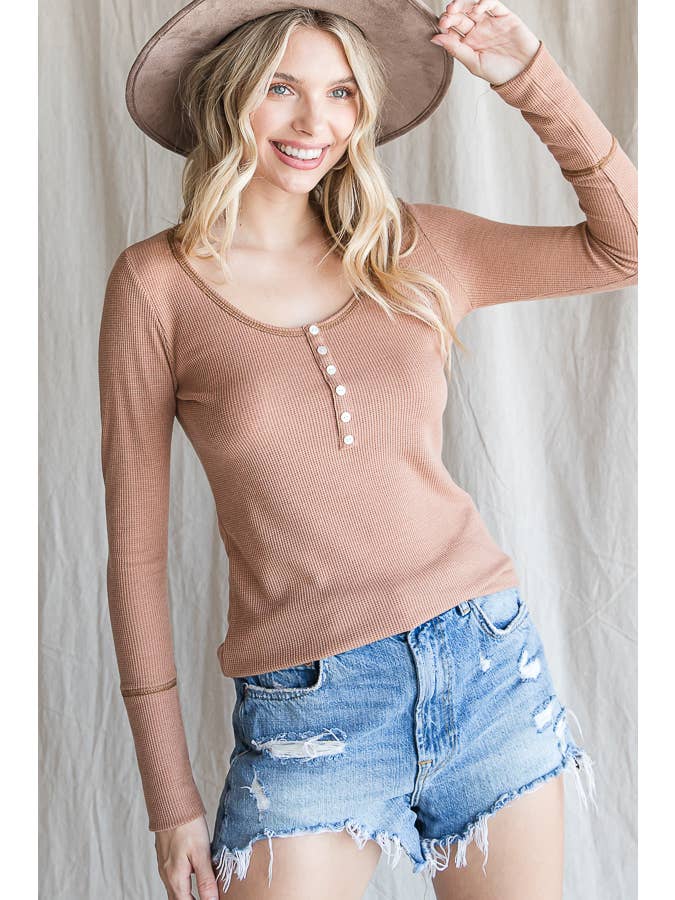 7th Ray - Wholesale Knit Top - Women's - Solid Thermal Knit Button Front Long Sleeve Top  T431620