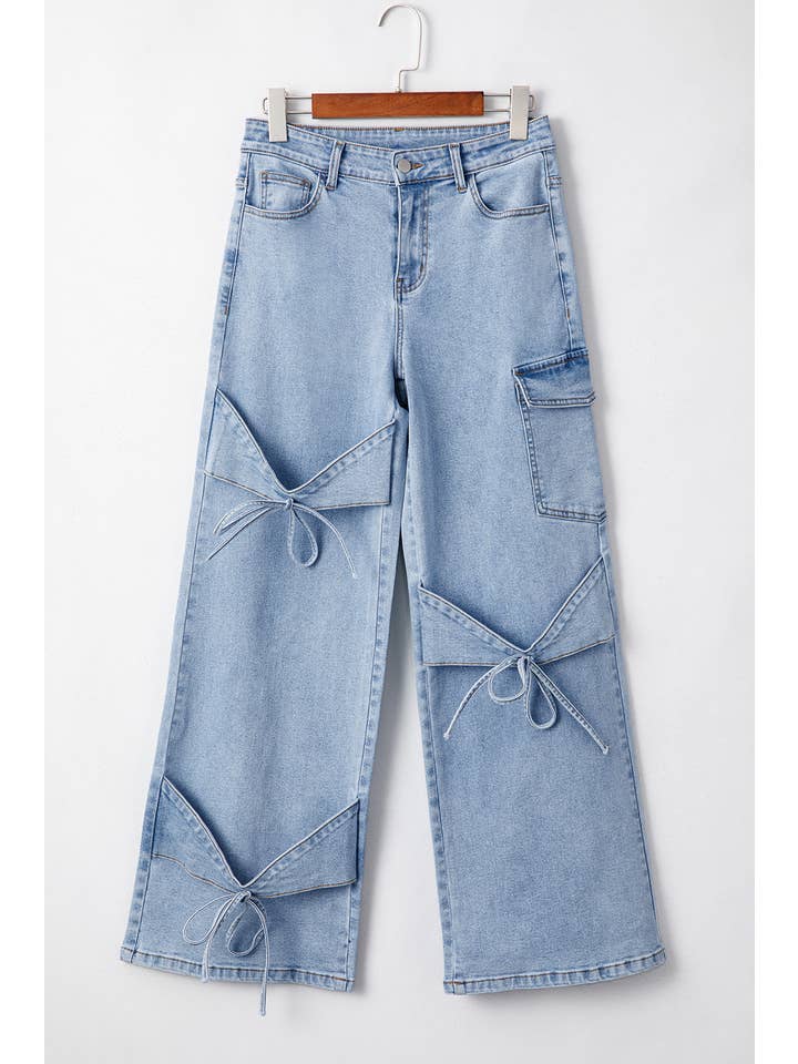 Beau Blue Bowknot Decor Boyfriend Cargo Jeans for wholesale on Faire