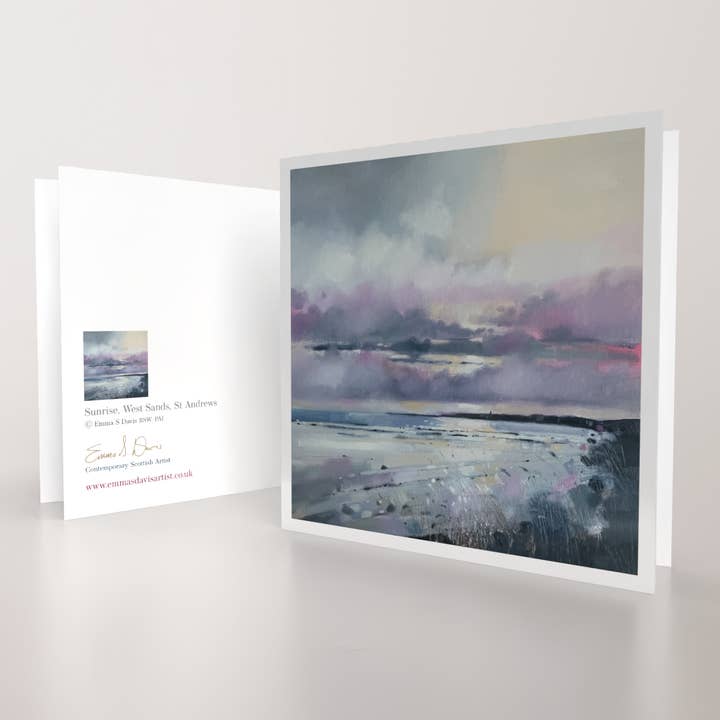 Carte de vœux artistique 'Lever de soleil, West Sands, St Andrews' pour la vente par Emma S Davis Artist