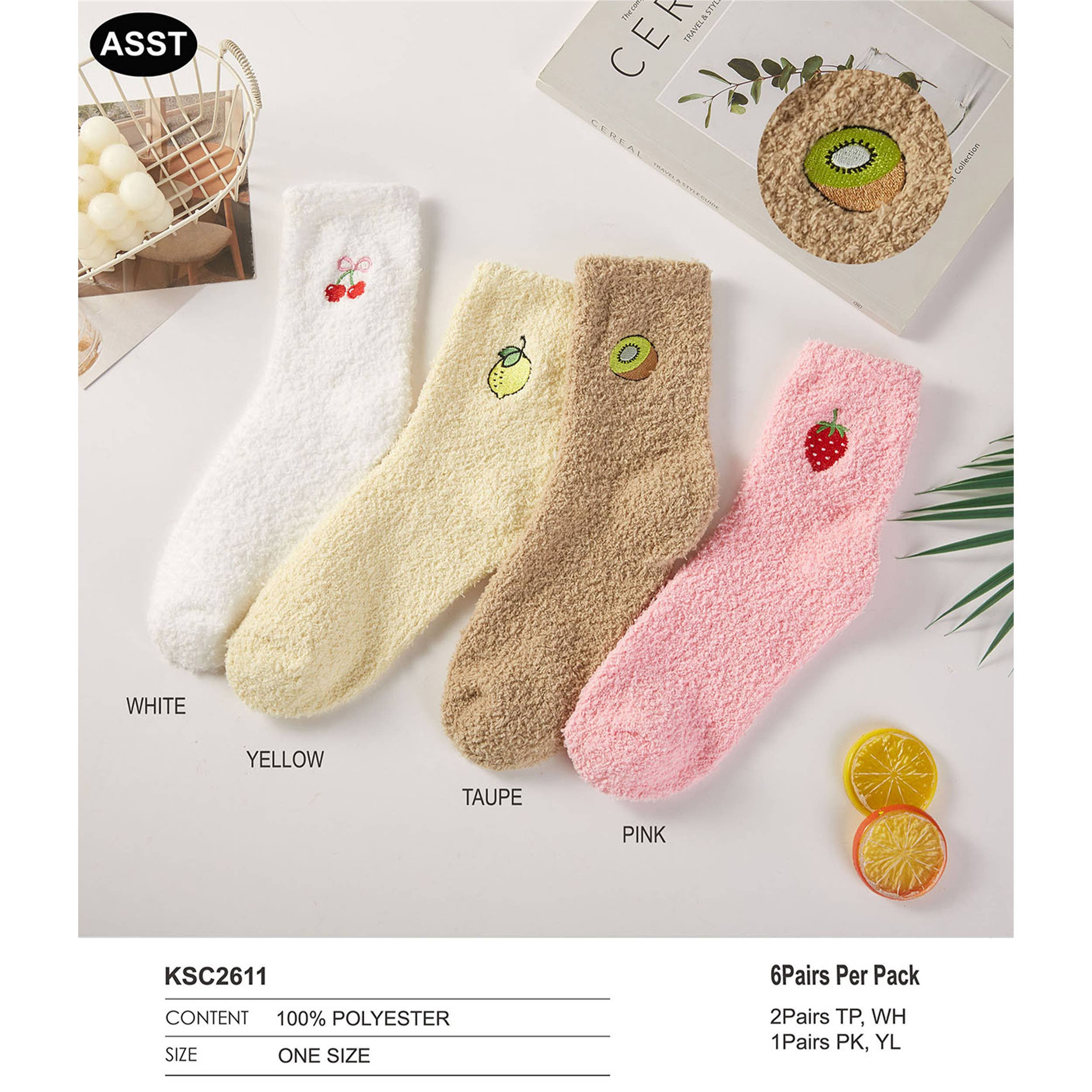 Hana – wholesale Socks – Women's – Fruit Point Embroidery Solid Fuzzy Sleep Socks6