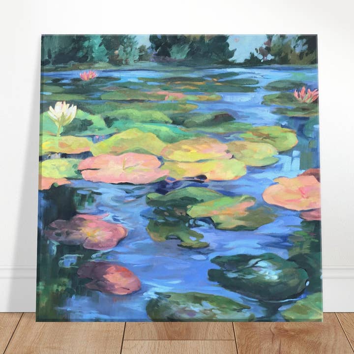 'Lily Pond' Blomstermotiv I 12x12 tommer Kunsttryk på Lærred I Originalkunst af den amerikanske kunstner Barbara Cleary for engroshandel hos Barbara Cleary Designs