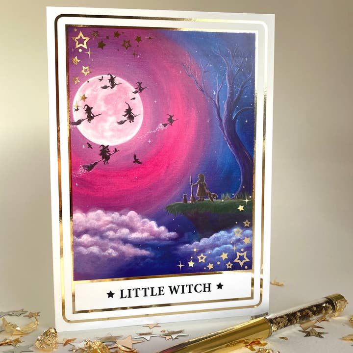 Dream Capture Artwork – wholesale Everyday greeting card – Little Witch Gold Foil Message Card1