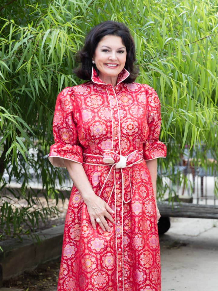 Woman's Red Brocade Print Midi Dress With Bow for wholesale by Kim Lolley Designs