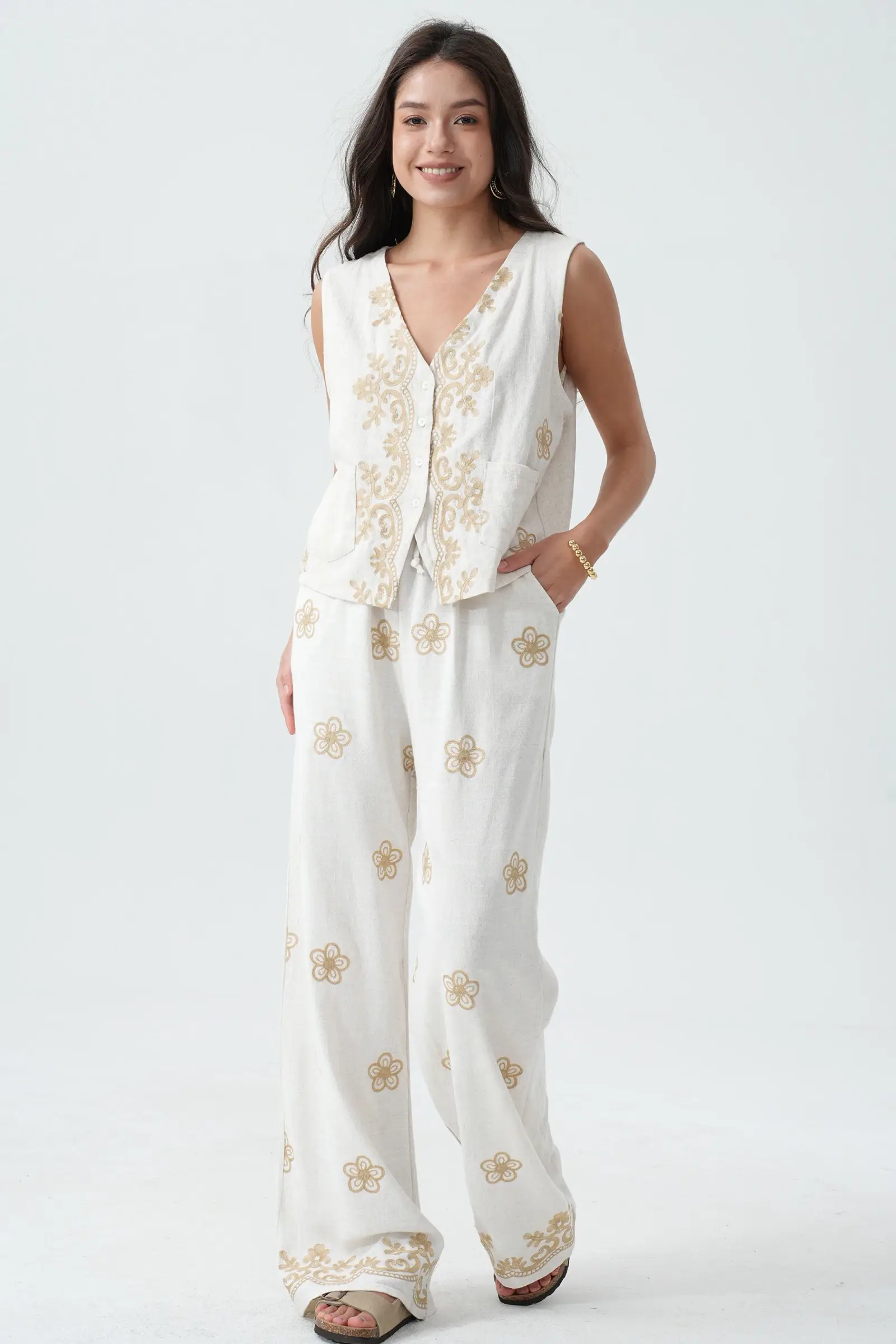 Beige Lässige Leinenhose mit floraler Stickerei PAN-523 für den Großhandel auf Faire1