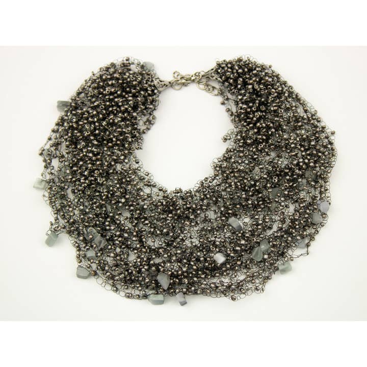 Silver Multistrand Necklace with Cat Eyes Stone Custom Length for wholesale by Ninolia