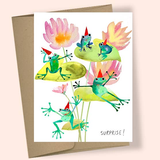 Studio Masha D'yans - Vente Cartes d'anniversaire - CARTE DE VOEUX AQUARELLE SURPRISE BOUQUET DE GRENOUILLE