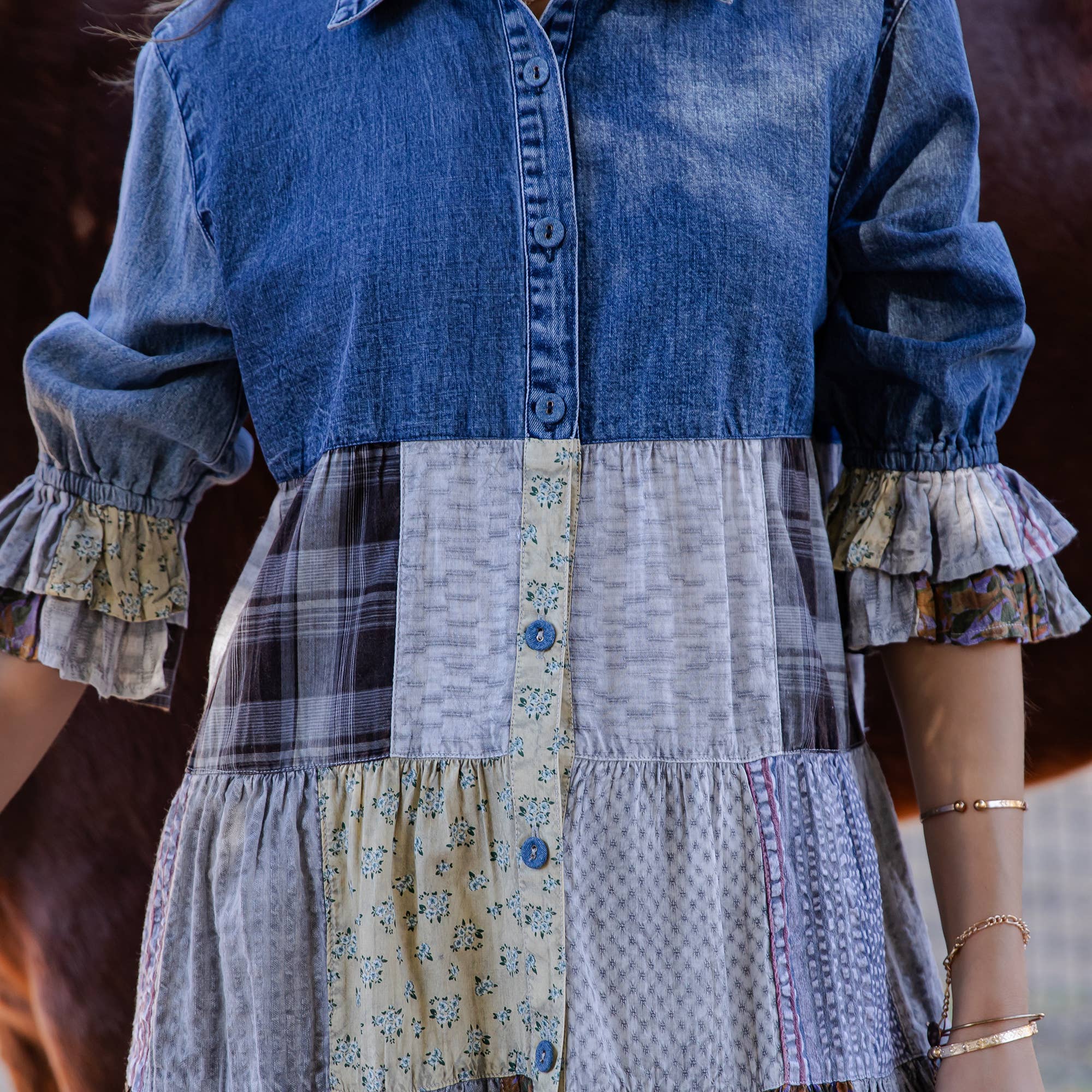 Young Threads - Wholesale Blouse - Women's - Western Denim Yoke Patchwork Tiered Tunic Top (New Color)45