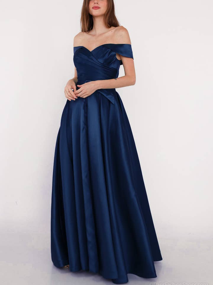 Navy blue boat neck and belt long evening dress for wholesale by Les Voiliers