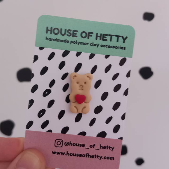 Teddy bear / bear hug polymer clay pin badge for wholesale by House of Hetty