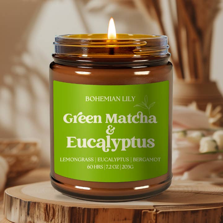 Eukalyptus & Matcha 7,2 oz 100% Naturlig Sojalys for engroshandel hos Bohemian Lily