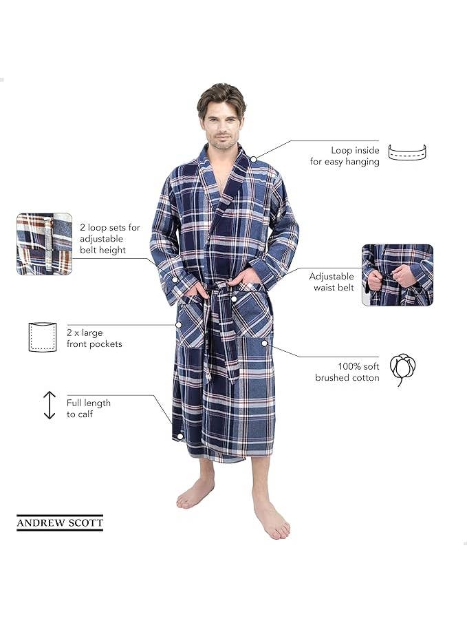 I-Wear Brands - Vendita all'ingrosso Vestaglia - Uomo - Vestaglia lunga da uomo in flanella di cotone, confezione da 2