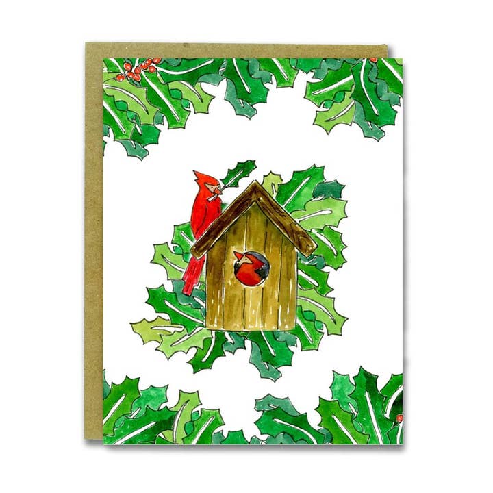 Cardinals and Holly Card for wholesale by SquidCat, Ink