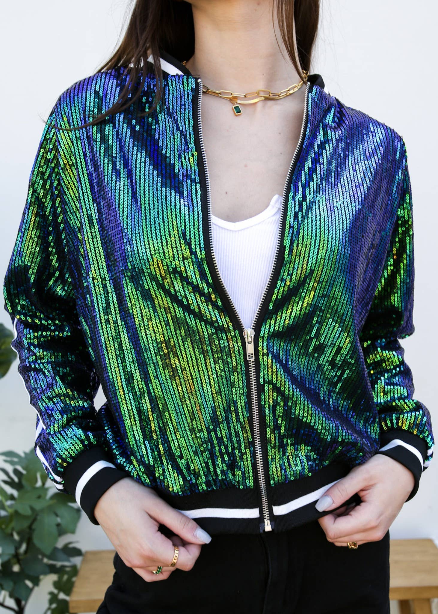 Anna Kaci Wholesale - Wholesale Varsity/Baseball Jacket - Women's - Striped Metallic Sequin Varsity Jacket90