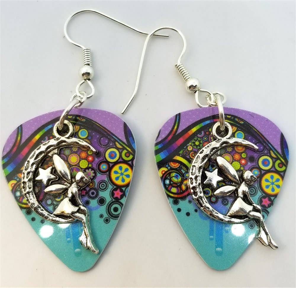 Simply Raevyn - Wholesale Dangle Earrings - Fairy on the Half Moon Charm Guitar Pick Earrings38