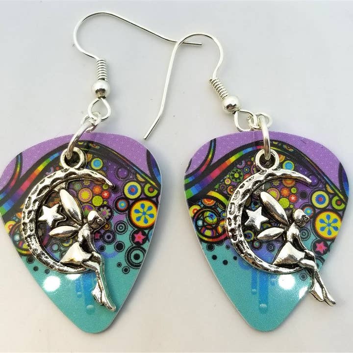 Simply Raevyn - Wholesale Dangle Earrings - Fairy on the Half Moon Charm Guitar Pick Earrings38