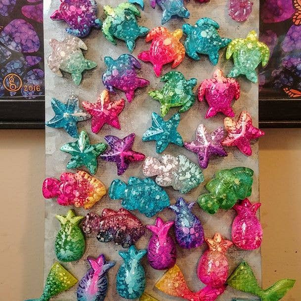 24 Colorful Resin, Alcohol Ink, & Mica Magnets-Ocean Themed for wholesale by JEMS of the Sea