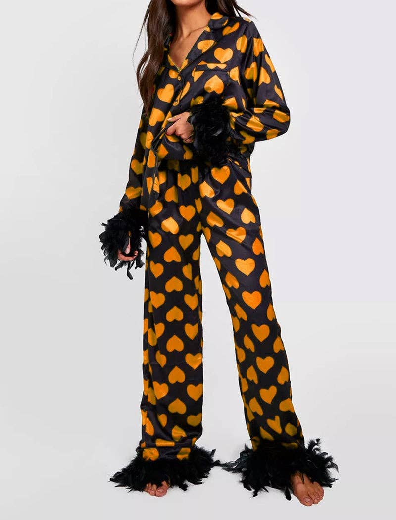 AZSHOP Trading LLC - Vente Haut et bas de pyjama – femme - Ensemble de pyjama à imprimé cœur avec garniture en plumes #23