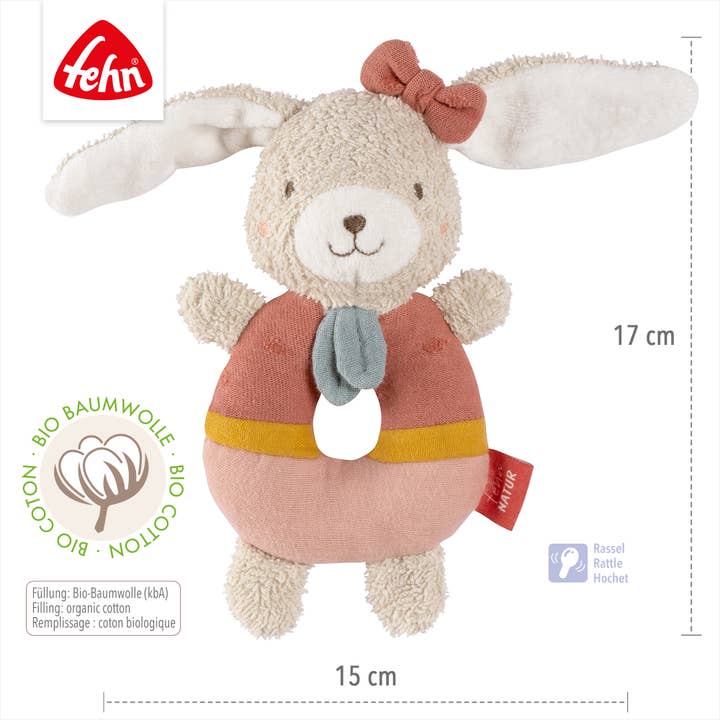 Fehn - Venta al por mayor Peluche - Niños y bebés - Fehnnatur para sujetar anillos con forma de conejo, juguete para habilidades motoras con sonajero