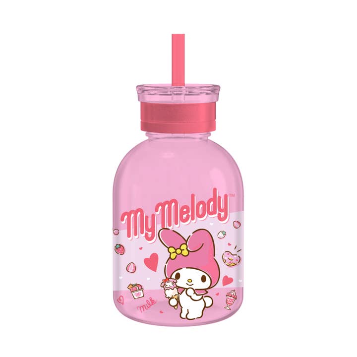 My Melody Strawberry Ice Cream 15z Glass Milk Bottle w Straw for wholesale by Silver Buffalo