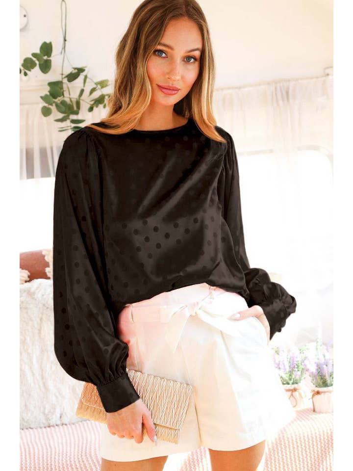 Vine & Love - Wholesale Blouse - Women's - Dot Print Long Puff Sleeve Jacquard Satin Blouse VT70191G-