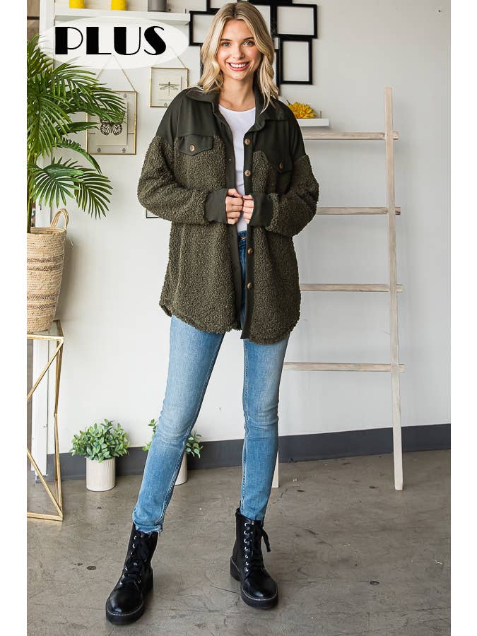 7th Ray - Wholesale Shirt Jacket/Shacket - Women's - Cozy Faux Fur Button Down Pocket Teddy Shacket T4958XL