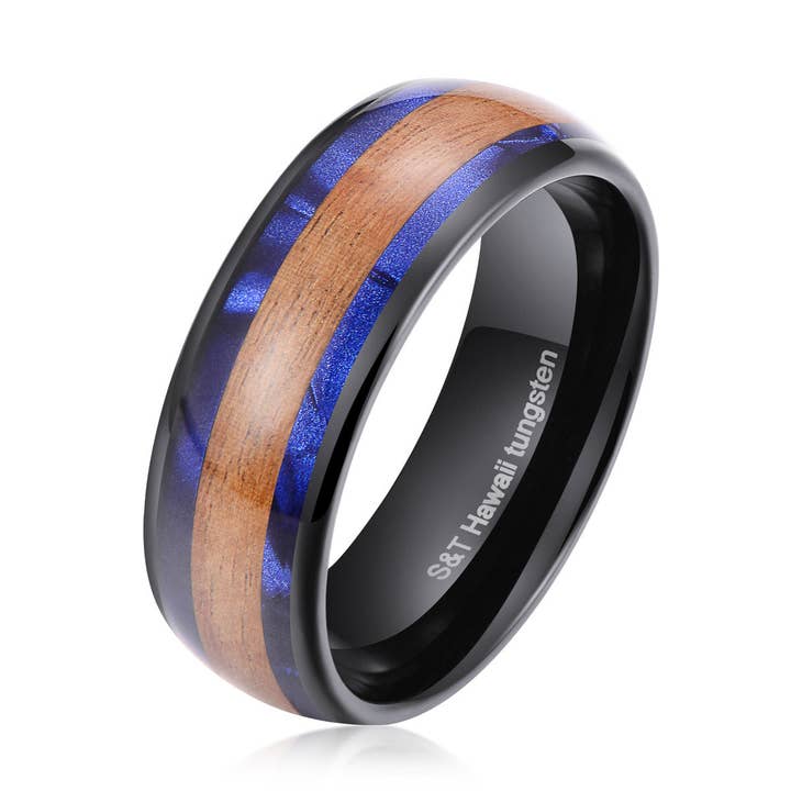 Hawaiian Koa&Blue Wood Inlay Tungsten Ring In 2 Colors for wholesale by S&T Collections