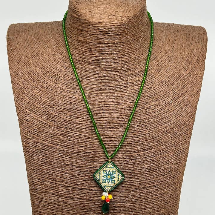 DD Ceramiche Siciliane - Wholesale Pendant/Charm Necklace - Caltagirone Ceramic Tile Necklace Baroque Decor, green beaded chain0